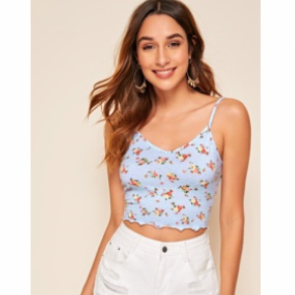 Blue Ditsy Floral Print Lettuce-Edge Cropped Cami Top NWOT - Picture 5 of 7